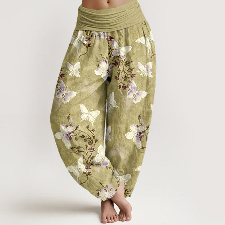 Buddha Stones Pantalones harem de mujer con cintura elástica y estampado floral de mariposas blancas de algodón. - Caqui oscuro - US16，UK/AU20，EU48 (3XL) - image 5