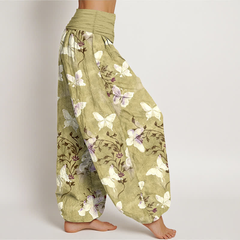 Buddha Stones Pantalones harem de mujer con cintura elástica y estampado floral de mariposas blancas de algodón. - image 7