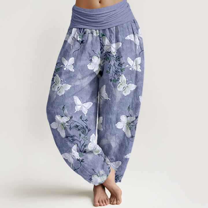 Buddha Stones Pantalones harem de mujer con cintura elástica y estampado floral de mariposas blancas de algodón. - Azul acero claro - US16，UK/AU20，EU48 (3XL) - image 8