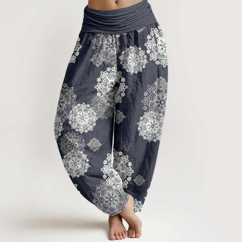 Buddha Stones Pantalones harem de algodón puro con estampado floral mandala variado para mujer, cintura elástica. - Gris pizarra - US16，UK/AU20，EU48 (3XL) - image 8