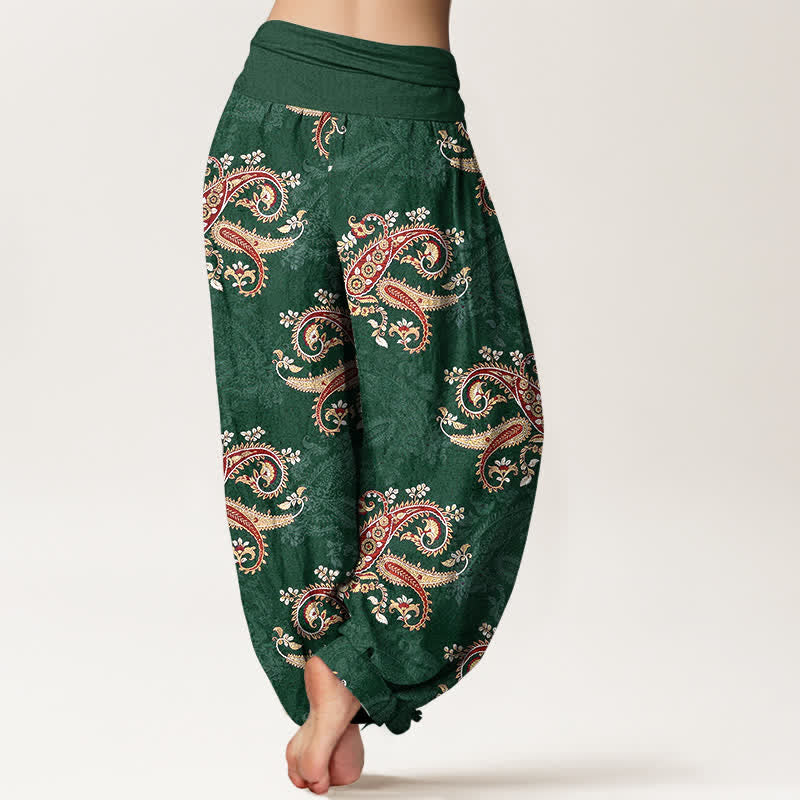 Buddha Stones Pantalones harem de mujer con elegante estampado paisley de algodón puro y cintura elástica. - image 1