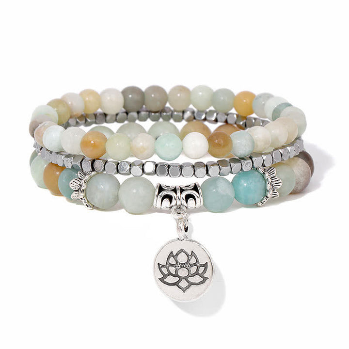 Buddha Stones Pulsera de cuentas de jaspe cebra y loto (3 piezas) - Amazonita (Verdad ♥ Comunicación) - image 12