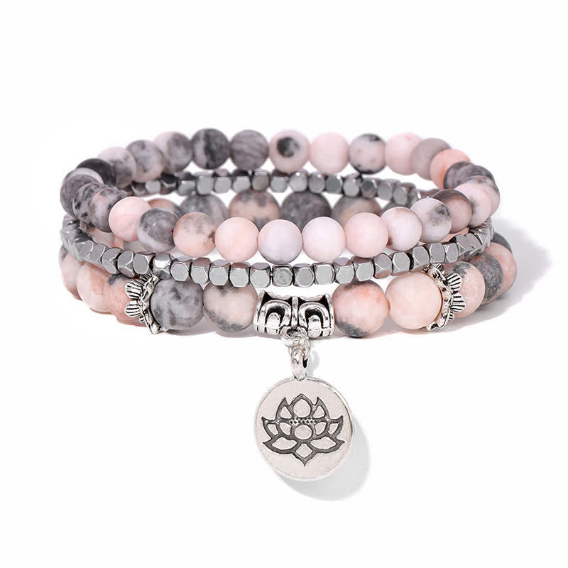 Buddha Stones Pulsera de cuentas de jaspe cebra y loto (3 piezas) - image 1
