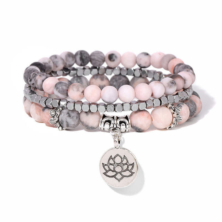 Buddha Stones Pulsera de cuentas de jaspe cebra y loto (3 piezas) - image 1