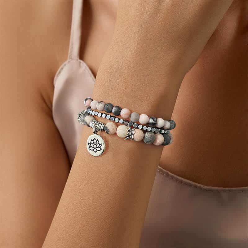 Buddha Stones Pulsera de cuentas de jaspe cebra y loto (3 piezas) - image 13
