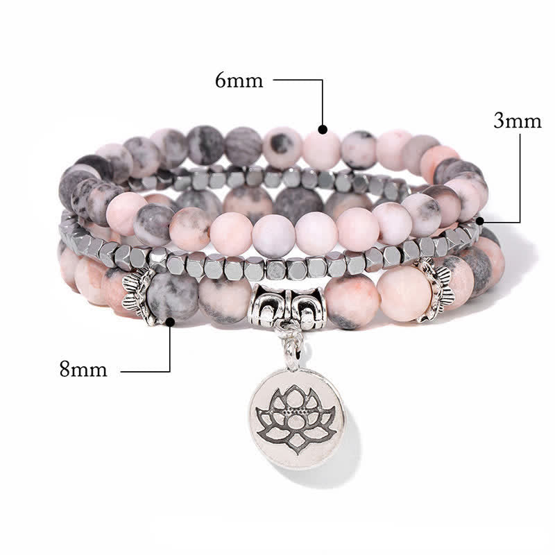 Buddha Stones Pulsera de cuentas de jaspe cebra y loto (3 piezas) - image 4