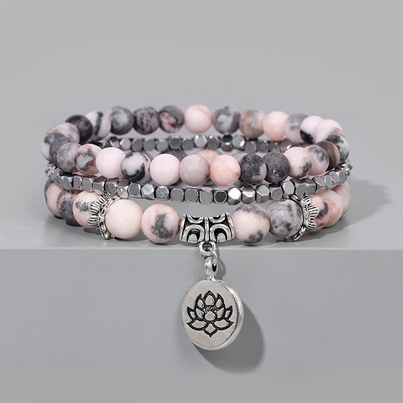 Buddha Stones Pulsera de cuentas de jaspe cebra y loto (3 piezas) - image 3