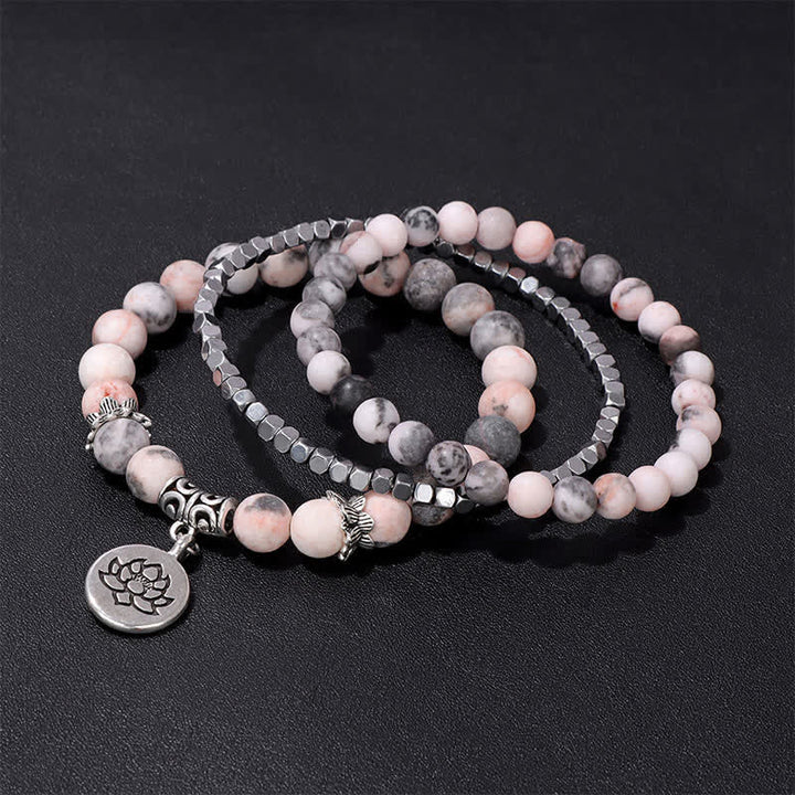 Buddha Stones Pulsera de cuentas de jaspe cebra y loto (3 piezas) - image 2