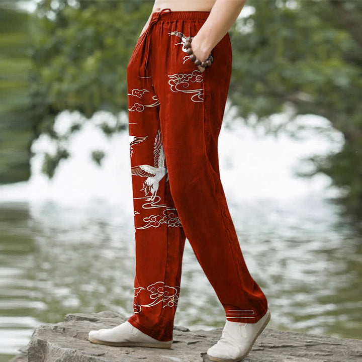 Buddha Stones Pantalones de hombre de algodón blanco con estampado de grullas y olas, corte cónico y bolsillos. - image 5