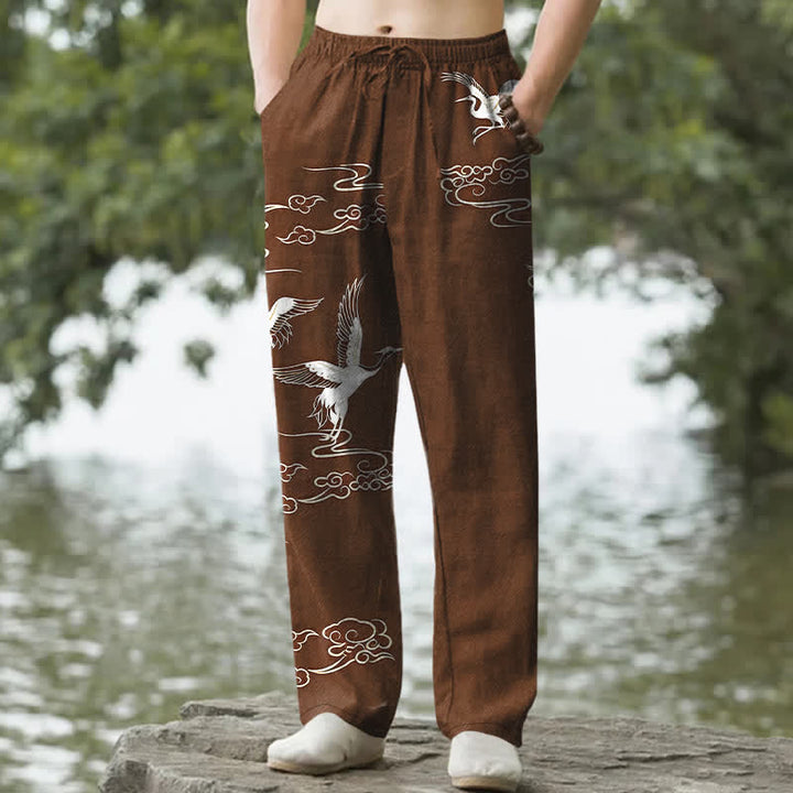 Buddha Stones Pantalones de hombre de algodón blanco con estampado de grullas y olas, corte cónico y bolsillos. - Marrón silla de montar - US/UK/AU50, EU60 (5XL) - image 6