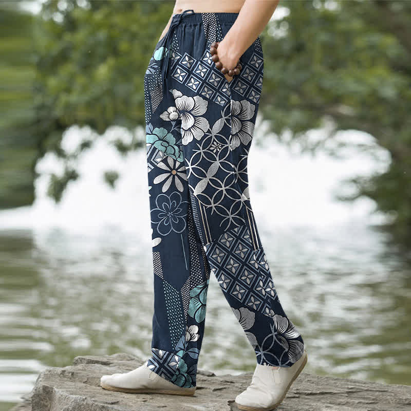 Buddha Stones Pantalones de hombre de algodón con estampado floral geométrico estilo bohemio y corte ajustado, con bolsillos. - image 1