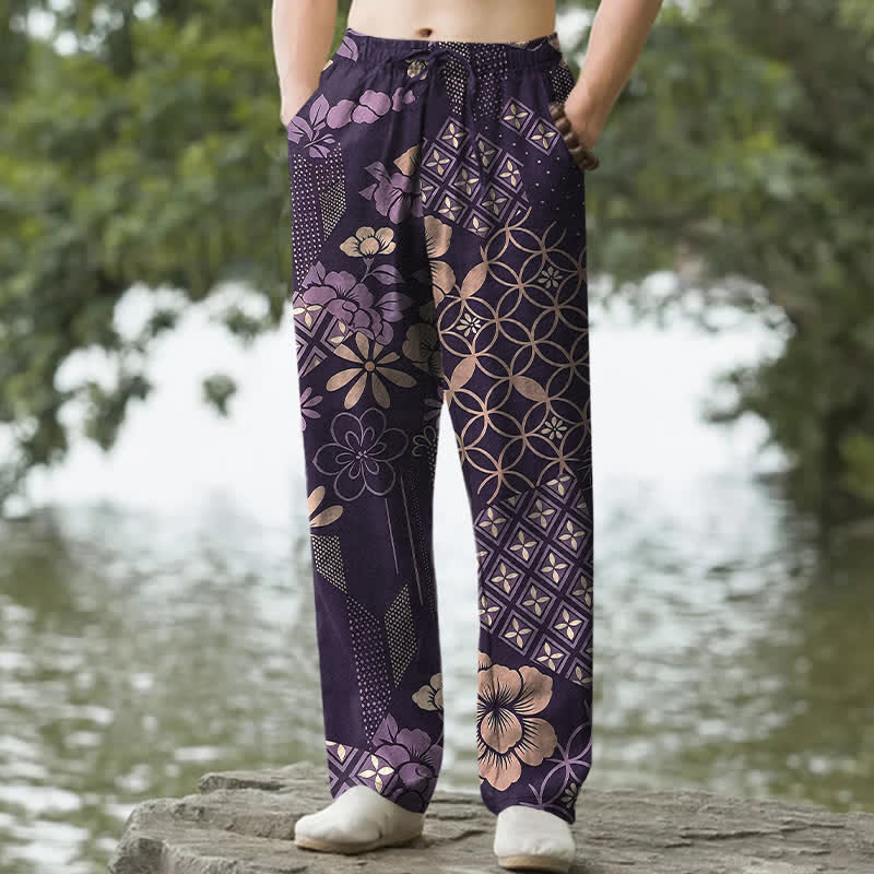 Buddha Stones Pantalones de hombre de algodón con estampado floral geométrico estilo bohemio y corte ajustado, con bolsillos. - Púrpura - US/UK/AU50, EU60 (5XL) - image 4