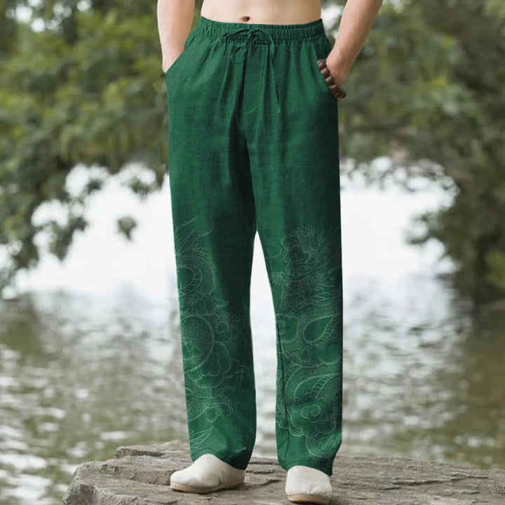 Buddha Stones Pantalones de hombre de algodón con estampado sutil de dragón, corte ajustado y bolsillos. - Verde bosque - US/UK/AU50, EU60 (5XL) - image 4