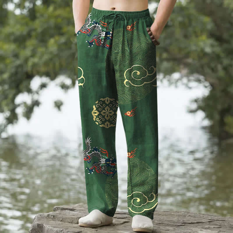 Buddha Stones Pantalones de algodón para hombre con estampado de dragón y nubes auspiciosas, corte ajustado y bolsillos. - Verde bosque - US/UK/AU50, EU60 (5XL) - image 0