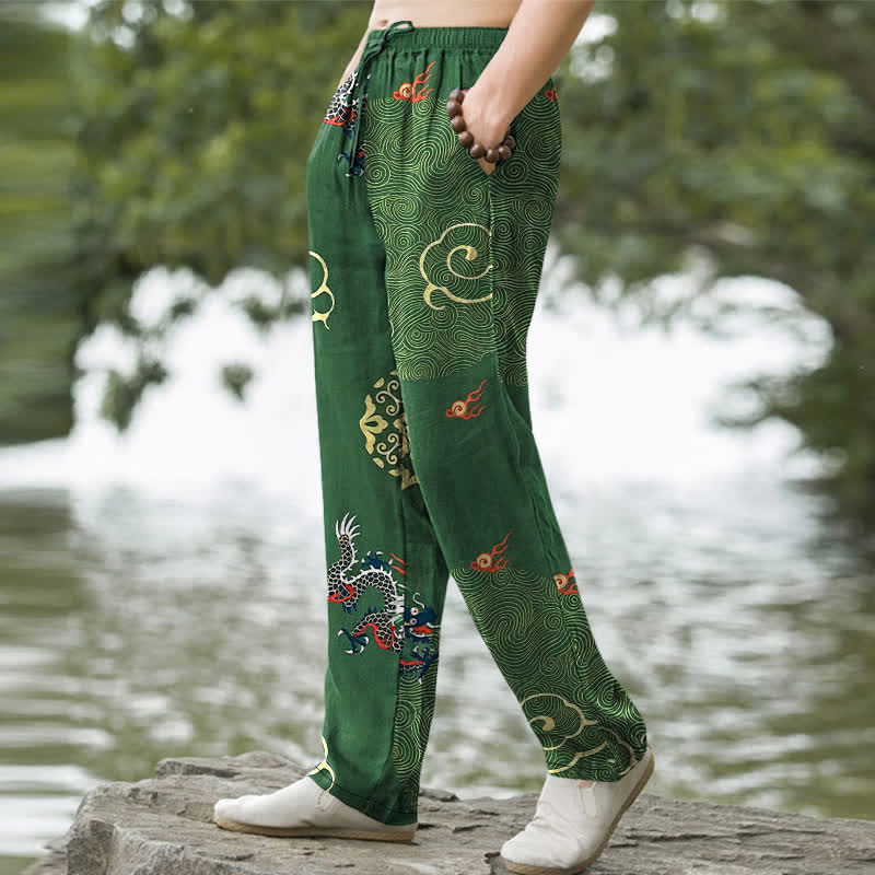 Buddha Stones Pantalones de algodón para hombre con estampado de dragón y nubes auspiciosas, corte ajustado y bolsillos. - image 1