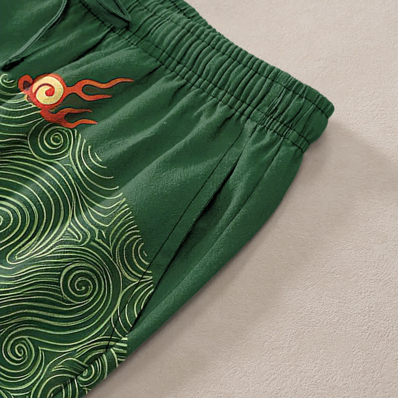 Buddha Stones Pantalones de algodón para hombre con estampado de dragón y nubes auspiciosas, corte ajustado y bolsillos. - image 2