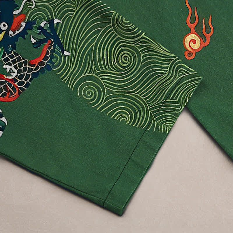 Buddha Stones Pantalones de algodón para hombre con estampado de dragón y nubes auspiciosas, corte ajustado y bolsillos. - image 3