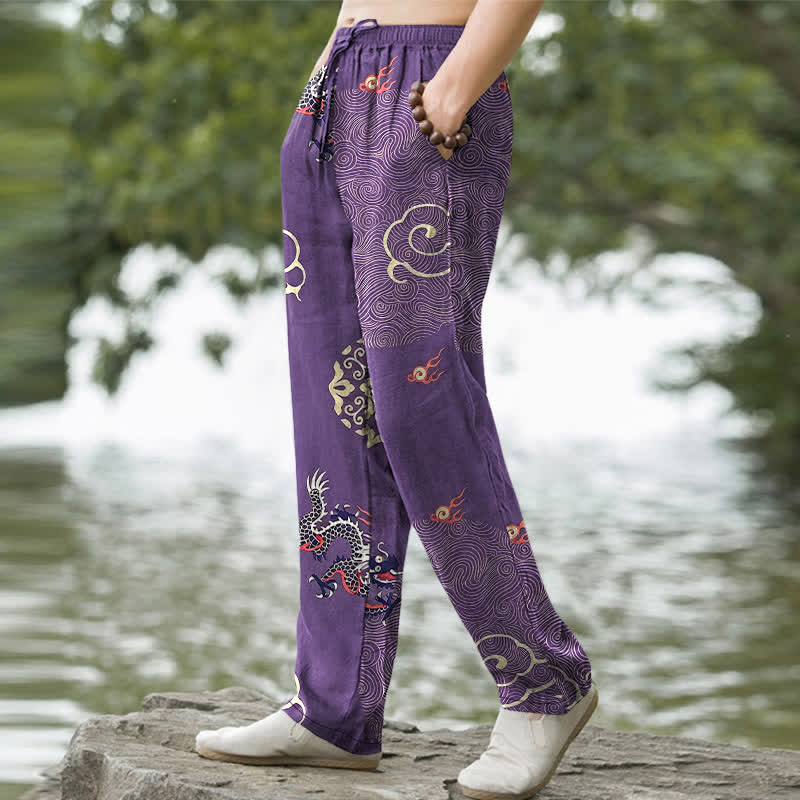 Buddha Stones Pantalones de algodón para hombre con estampado de dragón y nubes auspiciosas, corte ajustado y bolsillos. - image 5