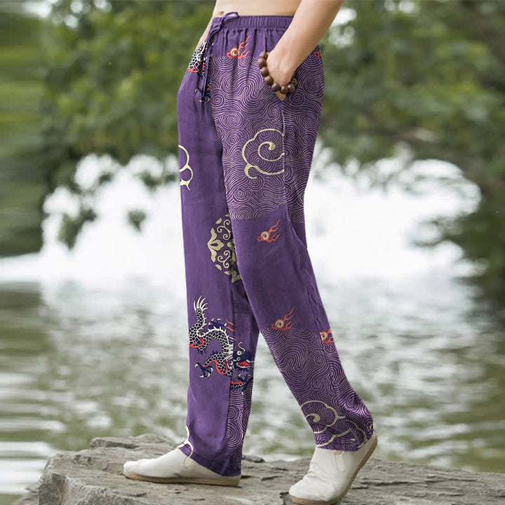 Buddha Stones Pantalones de algodón para hombre con estampado de dragón y nubes auspiciosas, corte ajustado y bolsillos. - image 5