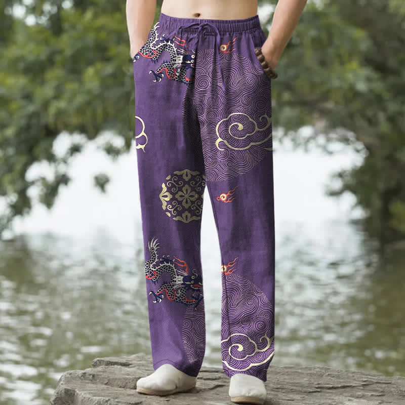 Buddha Stones Pantalones de algodón para hombre con estampado de dragón y nubes auspiciosas, corte ajustado y bolsillos. - Púrpura - US/UK/AU50, EU60 (5XL) - image 4