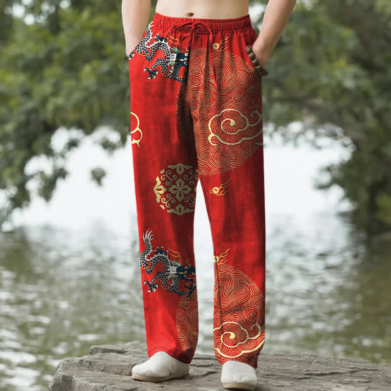 Buddha Stones Pantalones de algodón para hombre con estampado de dragón y nubes auspiciosas, corte ajustado y bolsillos. - Rojo - US/UK/AU50, EU60 (5XL) - image 6