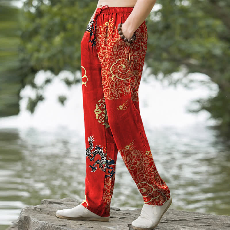 Buddha Stones Pantalones de algodón para hombre con estampado de dragón y nubes auspiciosas, corte ajustado y bolsillos. - image 7