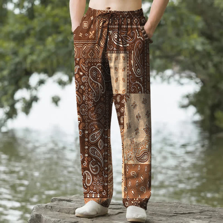 Buddha Stones Pantalones de algodón para hombre con estampado paisley variado, corte ajustado y bolsillos. - Marrón silla de montar - US/UK/AU50, EU60 (5XL) - image 6