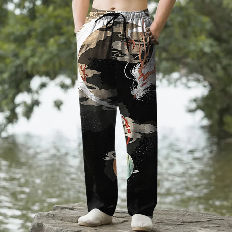 Buddha Stones Pantalones de hombre de algodón blanco con estampado de dragones y nubes, corte ajustado y bolsillos. - Negro - US/UK/AU50, EU60 (5XL) - image 4