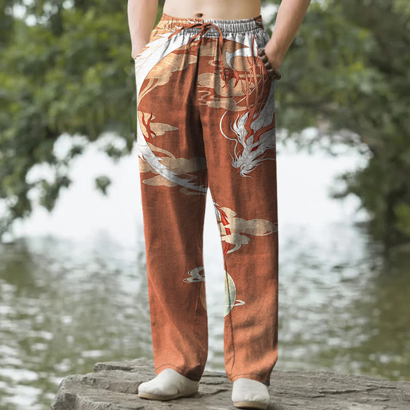 Buddha Stones Pantalones de hombre de algodón blanco con estampado de dragones y nubes, corte ajustado y bolsillos. - Tierra de siena - US/UK/AU50, EU60 (5XL) - image 6
