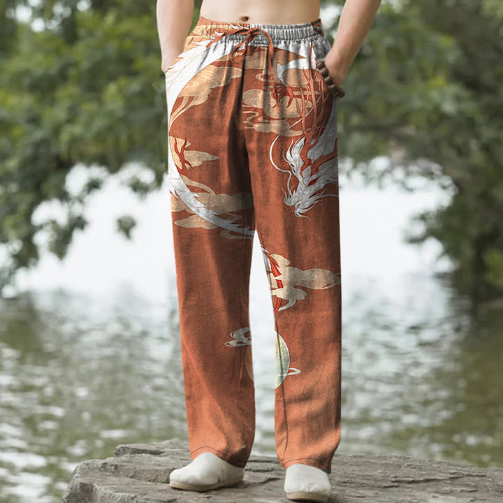 Buddha Stones Pantalones de hombre de algodón blanco con estampado de dragones y nubes, corte ajustado y bolsillos. - Tierra de siena - US/UK/AU50, EU60 (5XL) - image 6