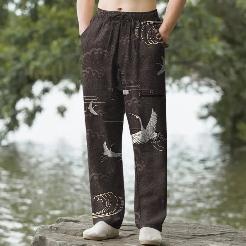 Buddha Stones Pantalones de hombre de algodón blanco con estampado de grullas doradas y corte ajustado, con bolsillos. - Negro - US/UK/AU50, EU60 (5XL) - image 0