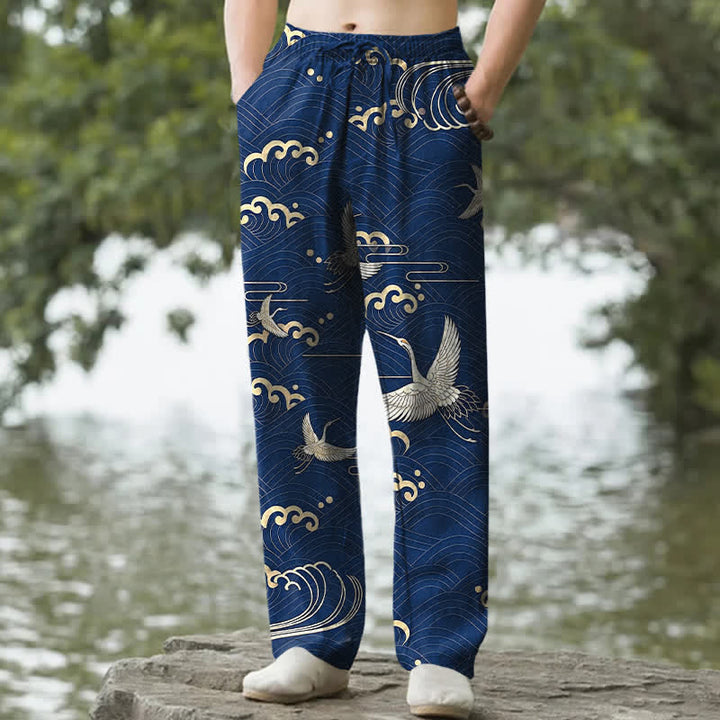 Buddha Stones Pantalones de hombre de algodón blanco con estampado de grullas doradas y corte ajustado, con bolsillos. - Marina de guerra - US/UK/AU50, EU60 (5XL) - image 4