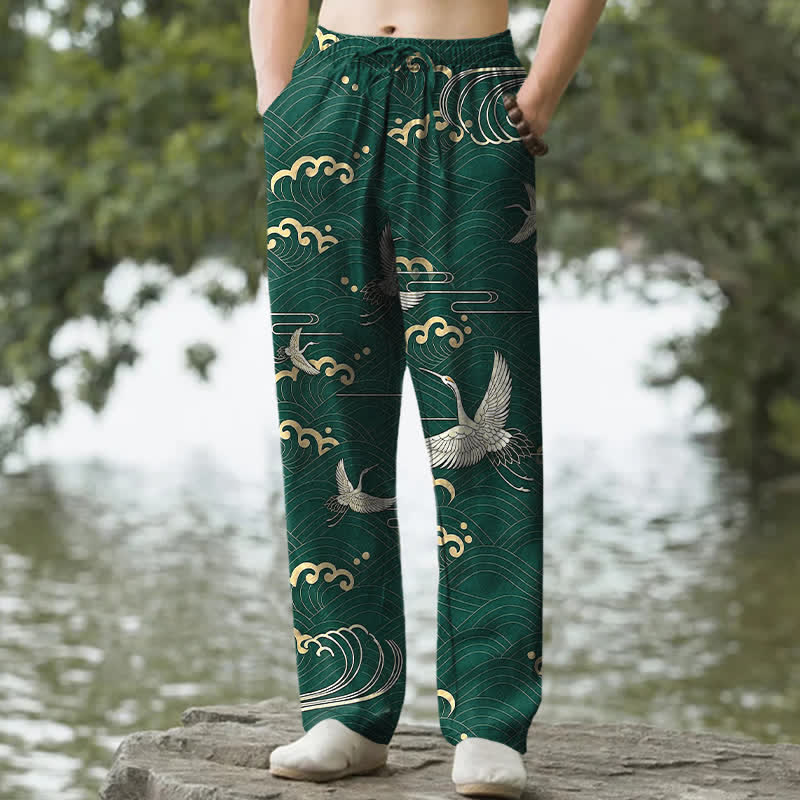 Buddha Stones Pantalones de hombre de algodón blanco con estampado de grullas doradas y corte ajustado, con bolsillos. - Verde bosque - US/UK/AU50, EU60 (5XL) - image 6