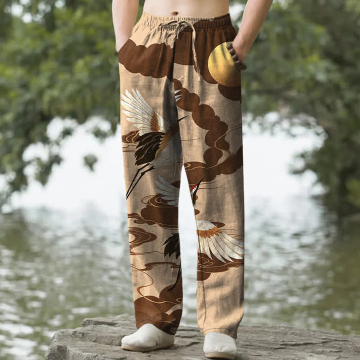 Buddha Stones Pantalones de hombre de algodón blanco con estampado de grulla persiguiendo el sol, corte ajustado y bolsillos. - BurlyWood - US/UK/AU50, EU60 (5XL) - image 6