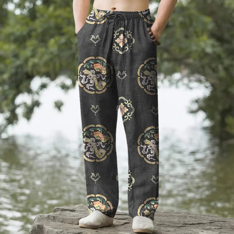 Buddha Stones Pantalones de hombre de algodón con estampado floral vintage y corte ajustado, con bolsillos. - Gris oscuro - US/UK/AU50, EU60 (5XL) - image 0