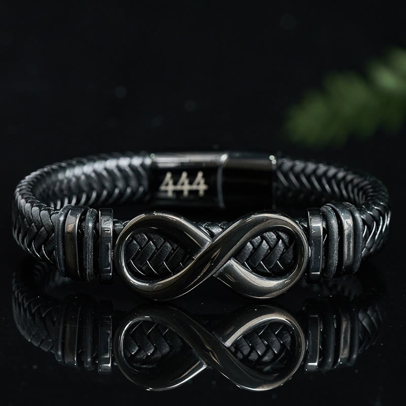 Buddha Stones Pulsera reforzada de cuero y acero de titanio con diseño Infinity, número angelical 444 y número angelical 888. - Número angelical 444 (circunferencia de la muñeca: 16-18 cm) - image 0