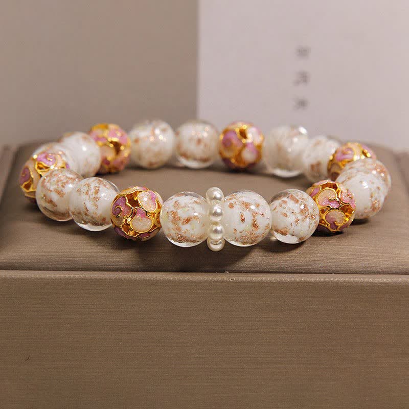 Buddha Stones Pulsera redonda china nueva de Liuli con cuentas de vidrio y hoja de oro estilo cloisonné. - Blanco - Cristal (Claridad♥Enfoque) - image 2