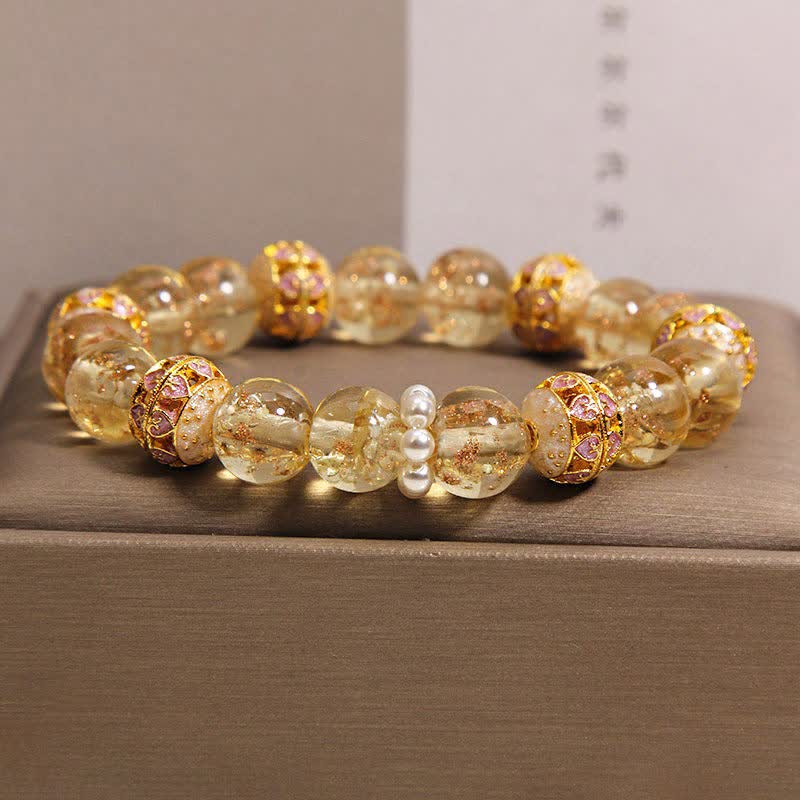Buddha Stones Pulsera redonda china nueva de Liuli con cuentas de vidrio y hoja de oro estilo cloisonné. - Oro - Cristal (Claridad♥Enfoque) - image 1