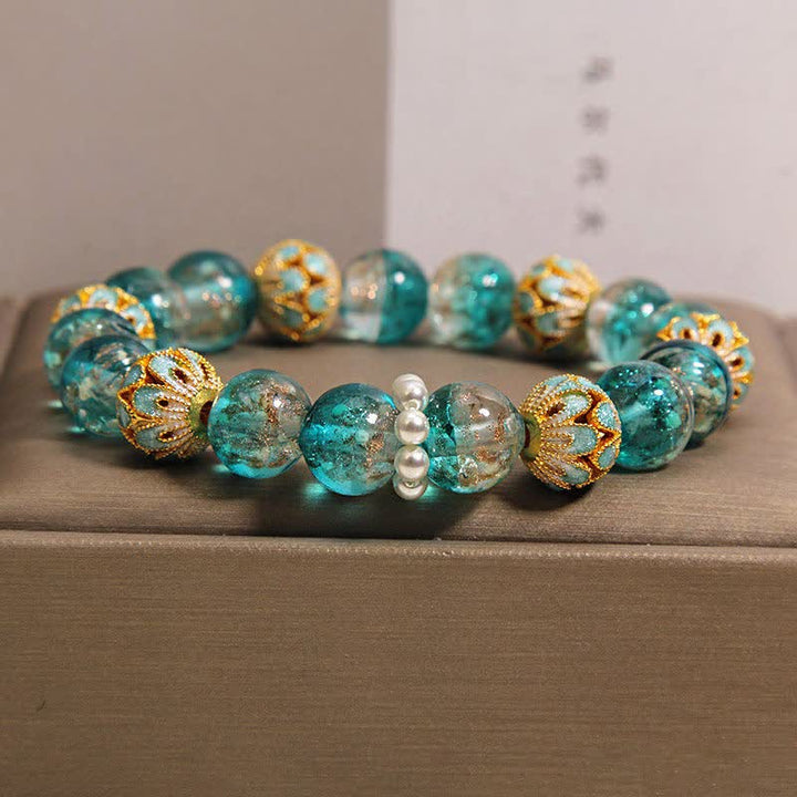 Buddha Stones Pulsera redonda china nueva de Liuli con cuentas de vidrio y hoja de oro estilo cloisonné. - Azul - Cristal (Claridad♥Enfoque) - image 4
