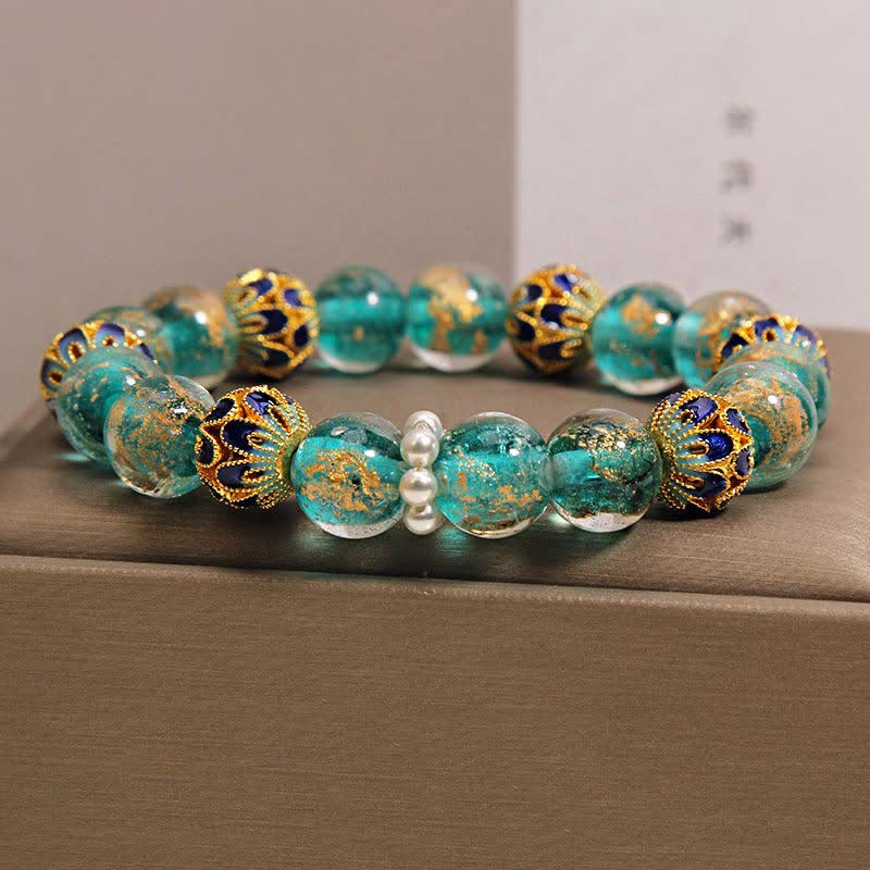 Buddha Stones Pulsera redonda china nueva de Liuli con cuentas de vidrio y hoja de oro estilo cloisonné. - image 7