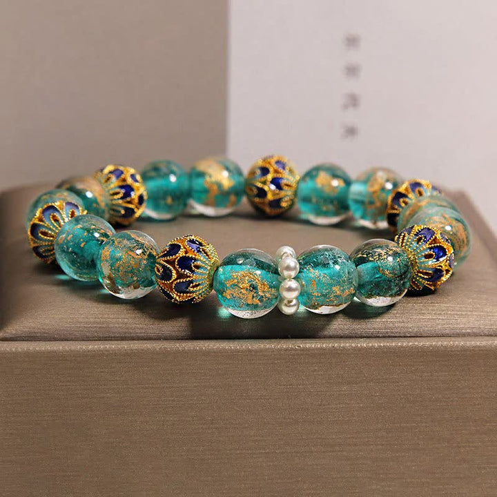 Buddha Stones Pulsera redonda china nueva de Liuli con cuentas de vidrio y hoja de oro estilo cloisonné. - image 6