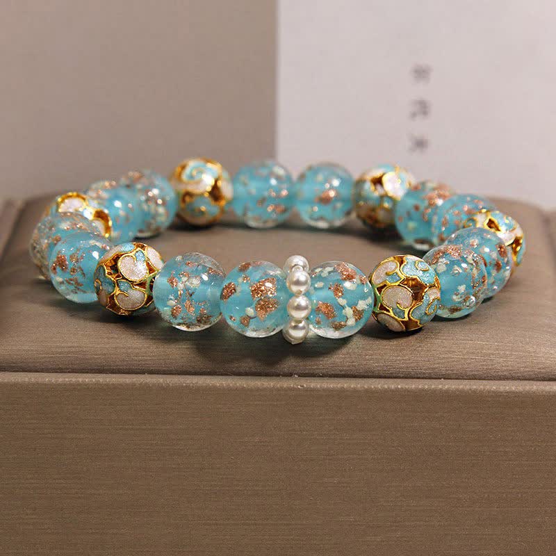 Buddha Stones Pulsera redonda china nueva de Liuli con cuentas de vidrio y hoja de oro estilo cloisonné. - Azul del lago - Cristal (Claridad♥Enfoque) - image 3
