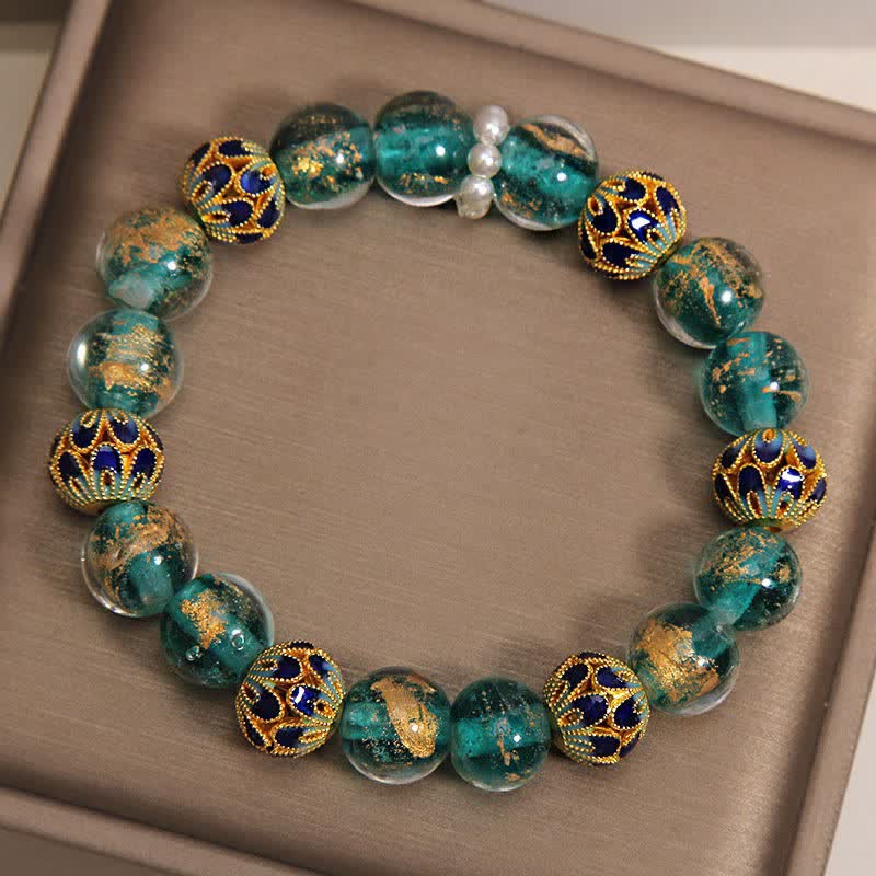 Buddha Stones Pulsera redonda china nueva de Liuli con cuentas de vidrio y hoja de oro estilo cloisonné. - image 9