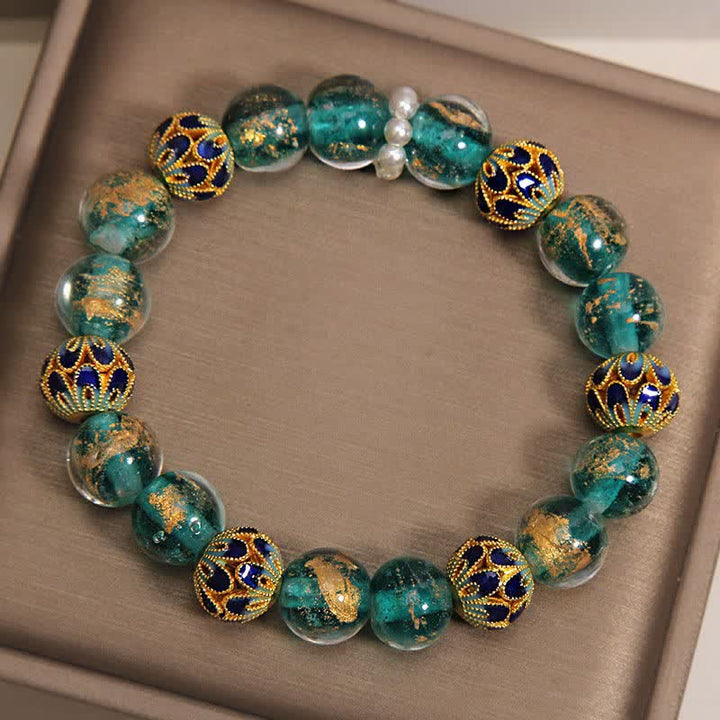 Buddha Stones Pulsera redonda china nueva de Liuli con cuentas de vidrio y hoja de oro estilo cloisonné. - image 9