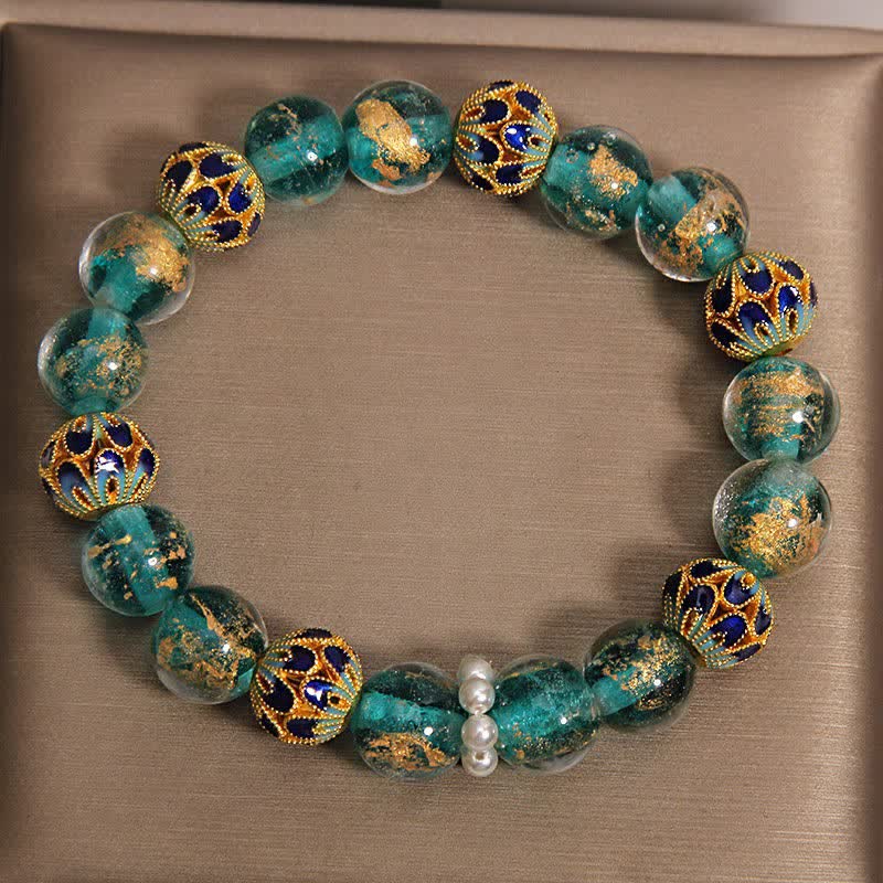 Buddha Stones Pulsera redonda china nueva de Liuli con cuentas de vidrio y hoja de oro estilo cloisonné. - image 10