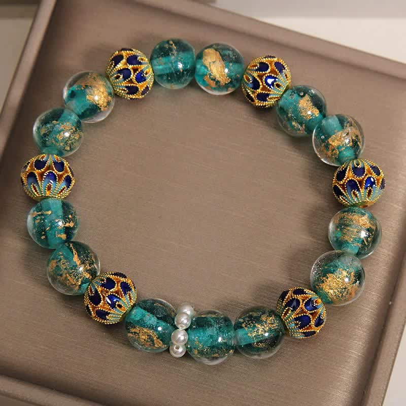 Buddha Stones Pulsera redonda china nueva de Liuli con cuentas de vidrio y hoja de oro estilo cloisonné. - image 8