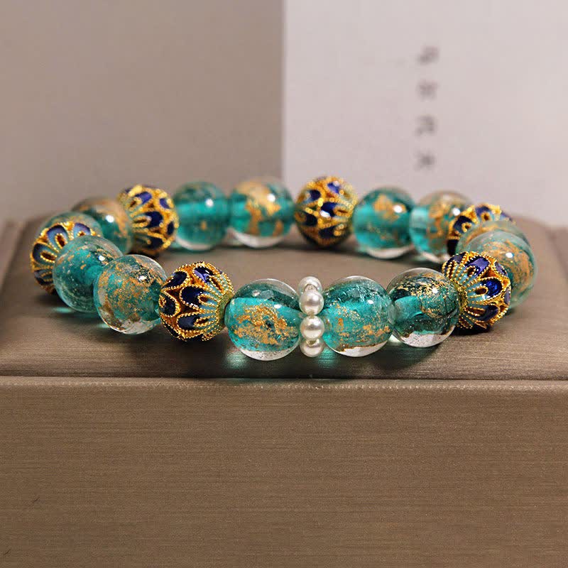 Buddha Stones Pulsera redonda china nueva de Liuli con cuentas de vidrio y hoja de oro estilo cloisonné. - Azul eléctrico - Cristal (Claridad♥Enfoque) - image 0
