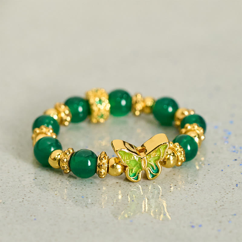 Buddha Stones Anillo renovador de mariposa de cobre con cuentas de ágata verde natural - image 1