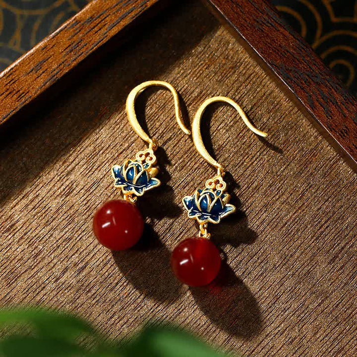 Buddha Stones Pendientes colgantes de oro con esmalte y ágata roja, loto y diseño de flor. - Ágata Roja (Confianza ♥ Calma) - image 0