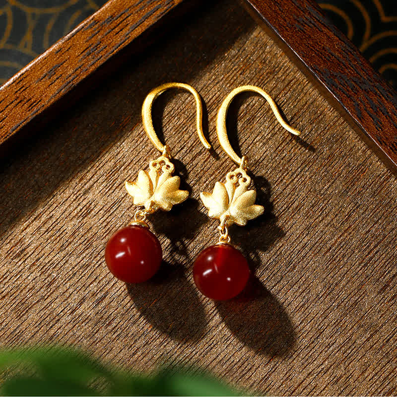 Buddha Stones Pendientes colgantes de oro con esmalte y ágata roja, loto y diseño de flor. - image 2